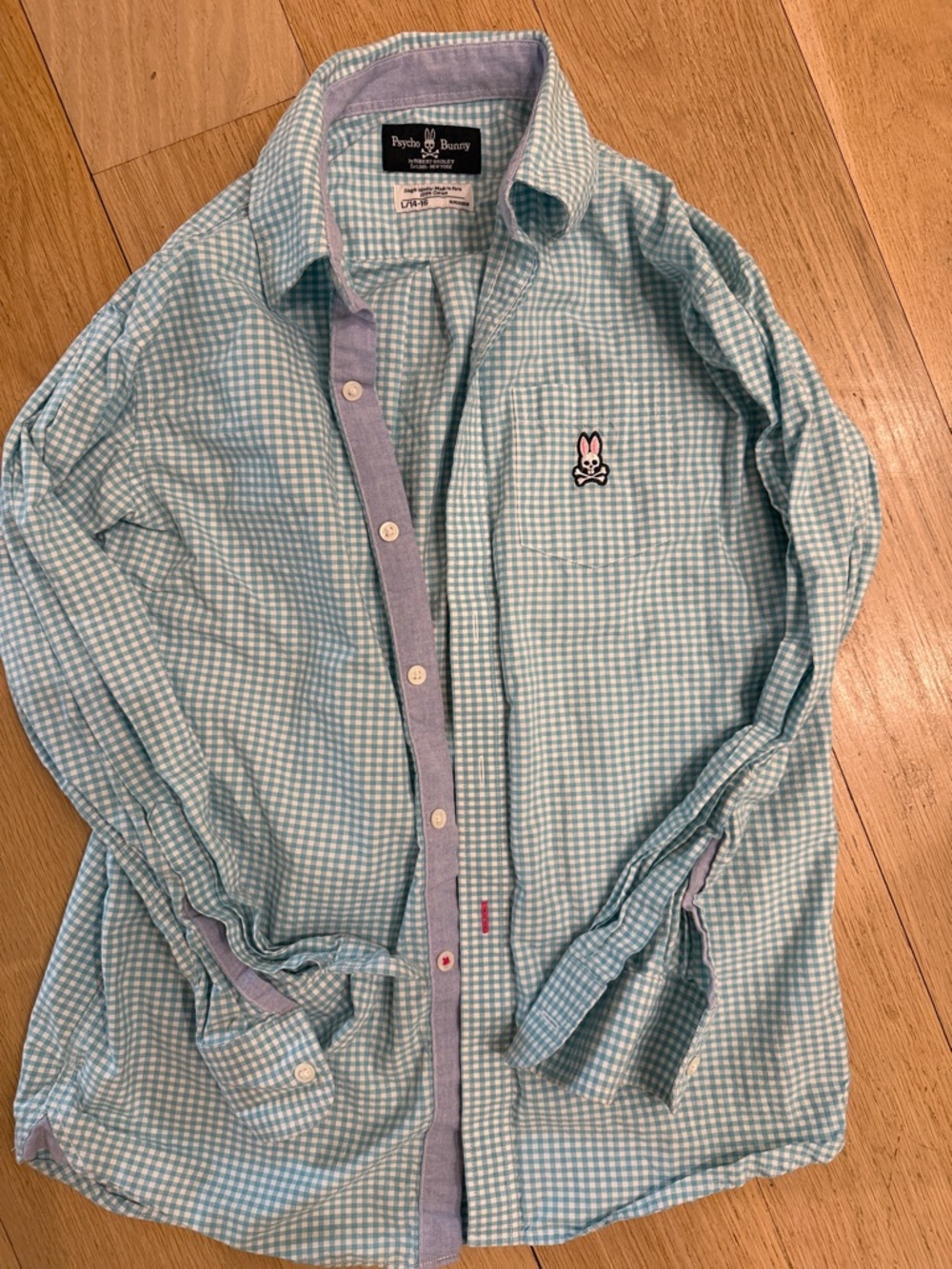 Psycho Bunny boys Light Blue Gingham Button-Down Shirt Lg 14-16